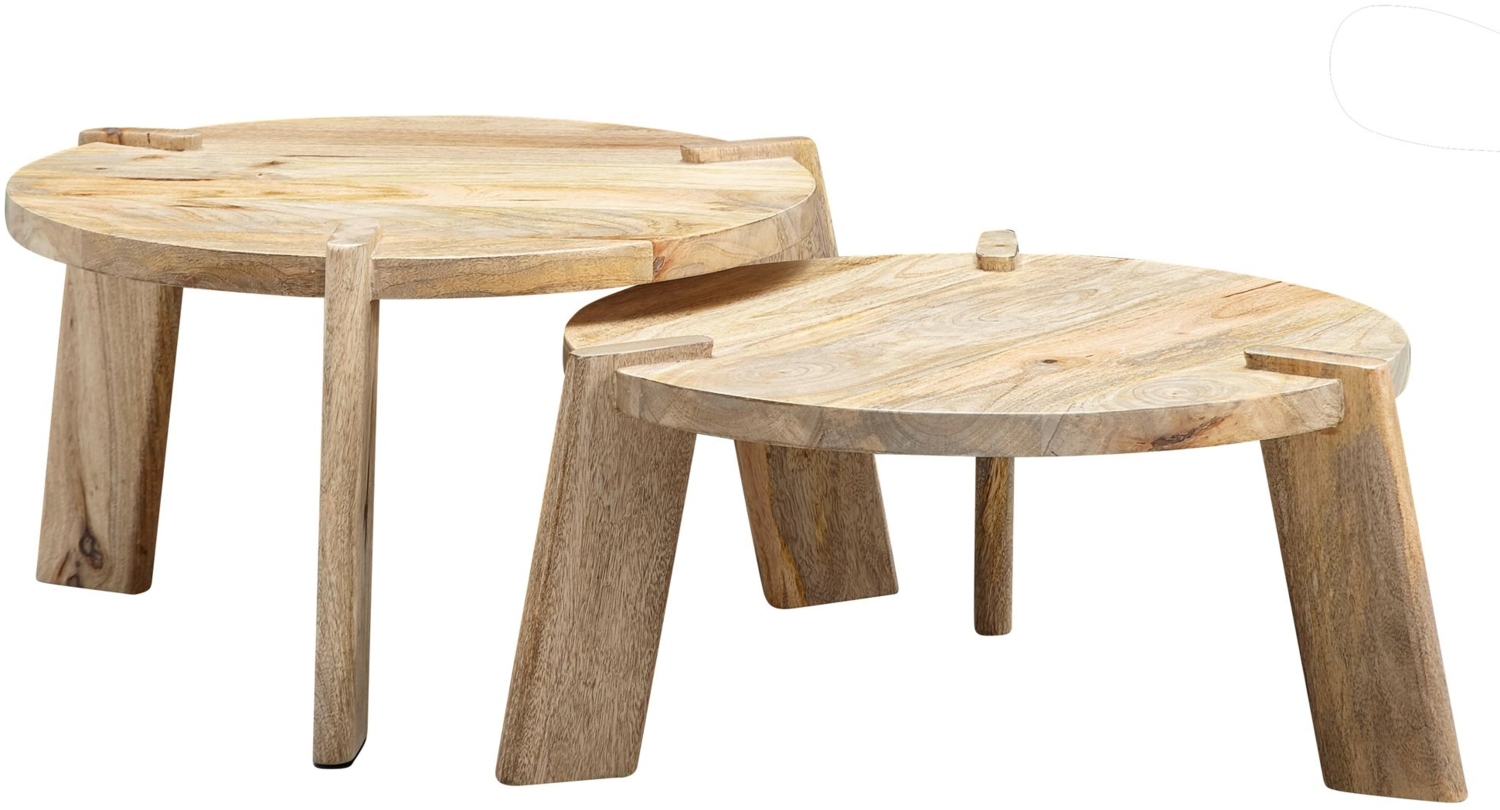 Design Couchtisch 2er Set Mango Massivholz Wohnzimmertisch Hell, Satztisch Holztisch Rund Beistelltisch, Tischset 2-teilig Kaffeetisch Holz Bild 1