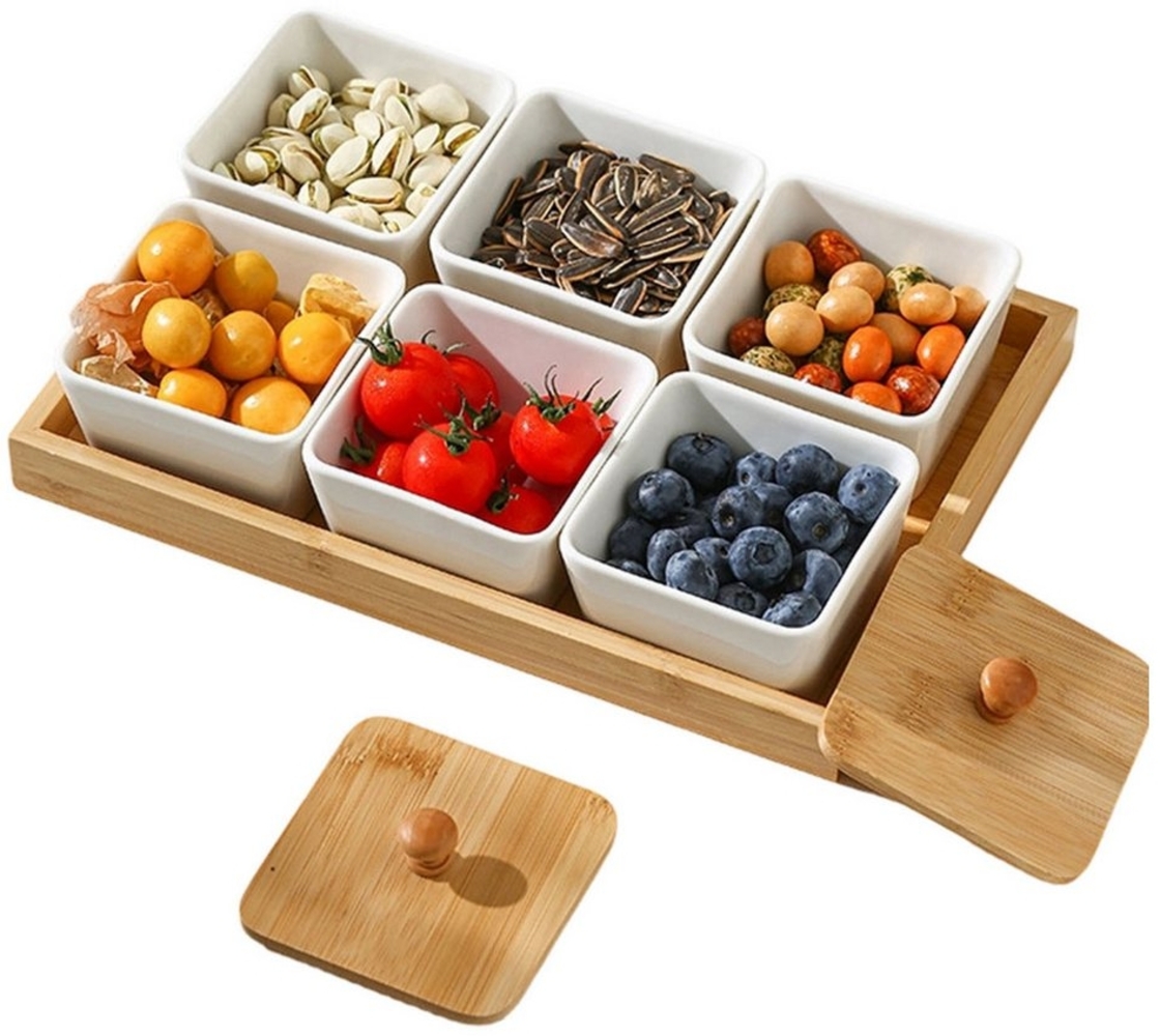 Refined Living Servierplatte Snackschale mit Holztabletts und Deckel 6 Keramik Servierschalen Set, (Dessertschale Tapas Schalen Snack-Serviertablett Marmeladenschälchen, 1-tlg, Snackbox Frischhaltedose organizer für Obst, Soße, Dips, Gewürze), Antipast... Bild 1