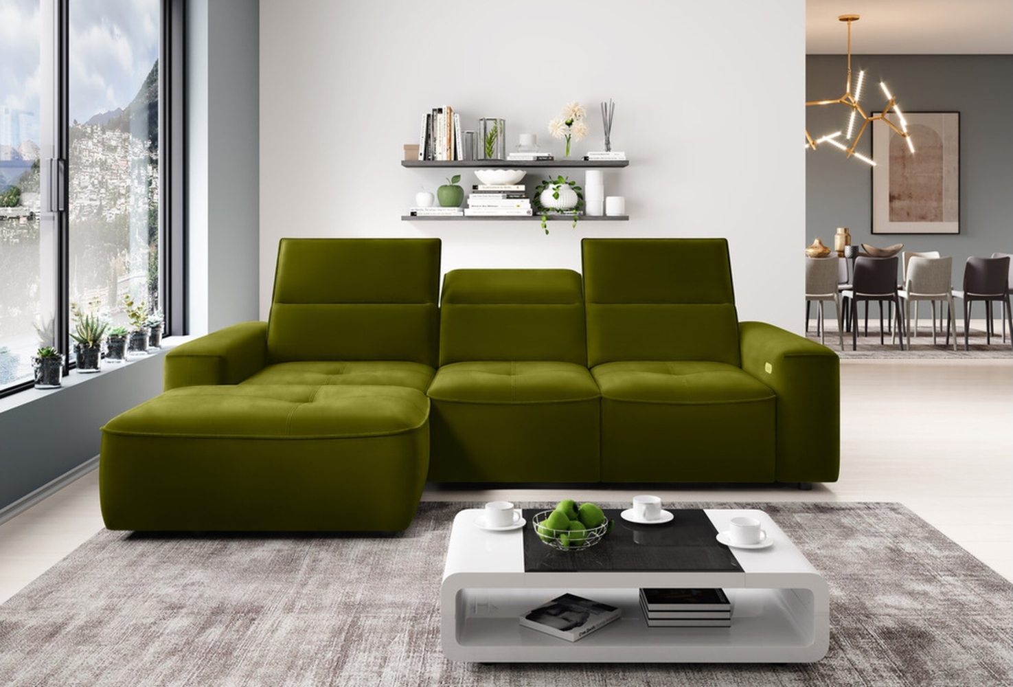 Stylefy Colton MINI Ecksofa Velours Hellgrün Links Bild 1