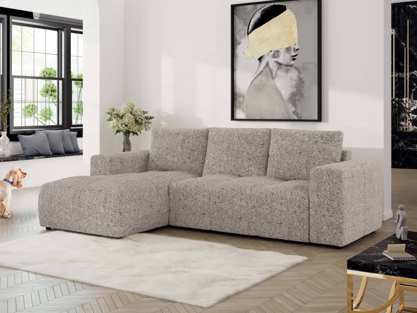 Ecksofa mit Schlaffunktion und Bettkasten, L-form Couch, lose Kissen, Polstersofa - MONIVA - Beige Struktur - linke Seite Bild 1