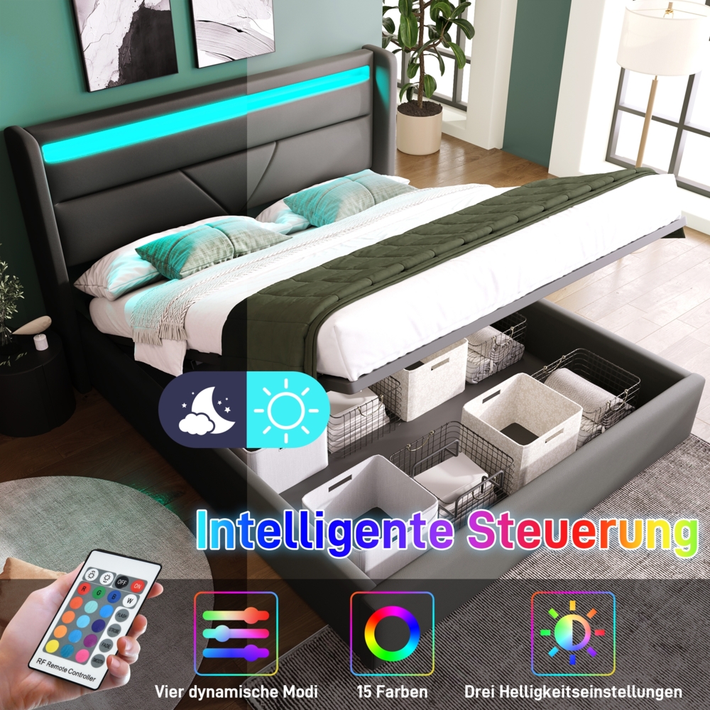 Polsterbett 140x200 cm Grau mit LED Beleuchtung & Bettkasten, Kunstleder Kopfteil, Hydrauliksystem Bild 1