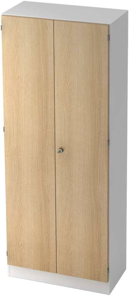 bümö office Aktenschrank abschließbar, Büroschrank groß aus FSC-Holz, 80cm breit in Weiß/Eiche - abschließbarer Schrank, Büroschrank abschließbar, Büro Möbel Schrank System, 6100-W-E-SG Bild 1