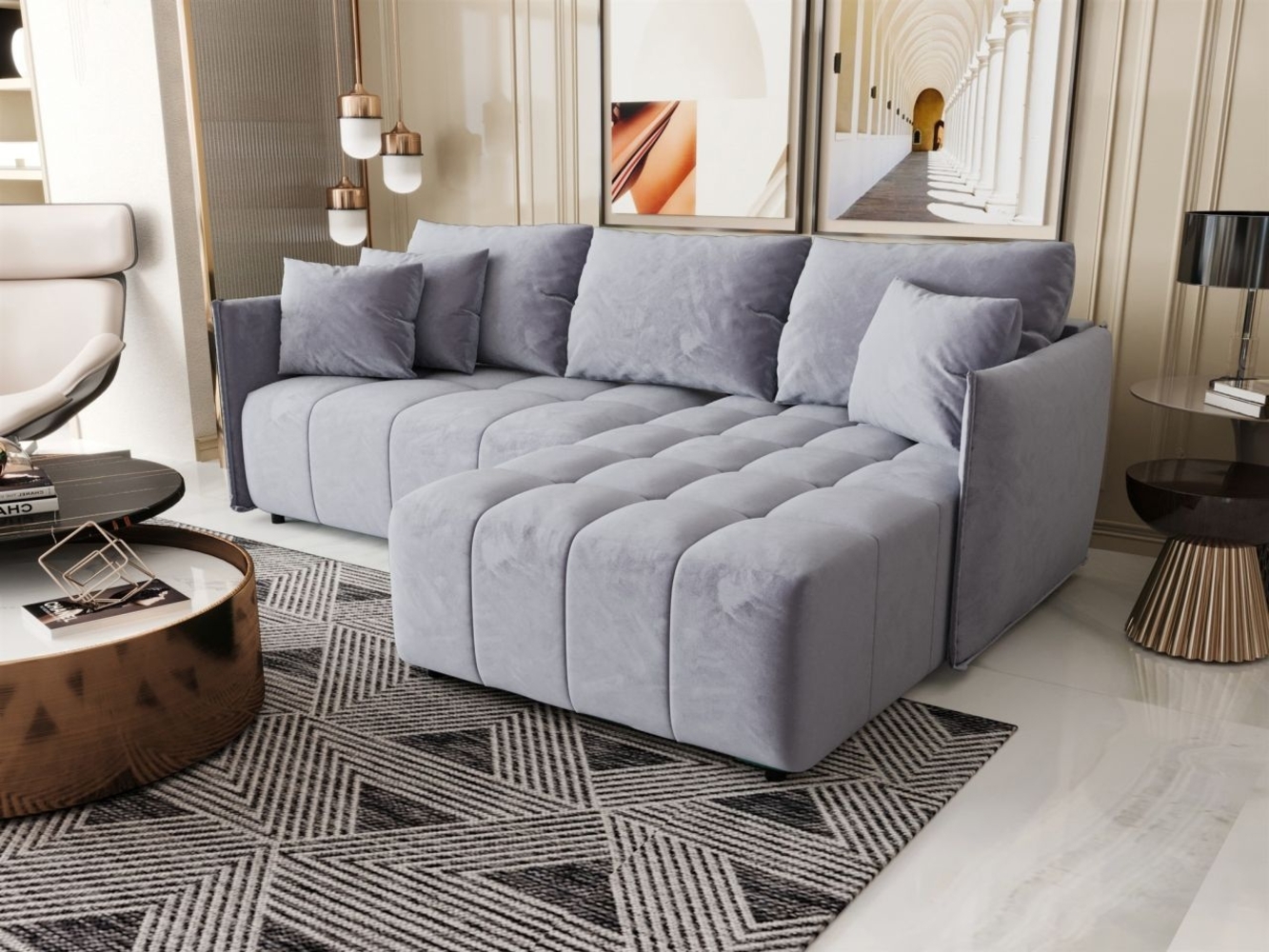 Ecksofa Schlafsofa TREVISO Stoff Monolith Hellblau Ottomane Rechts Bild 1