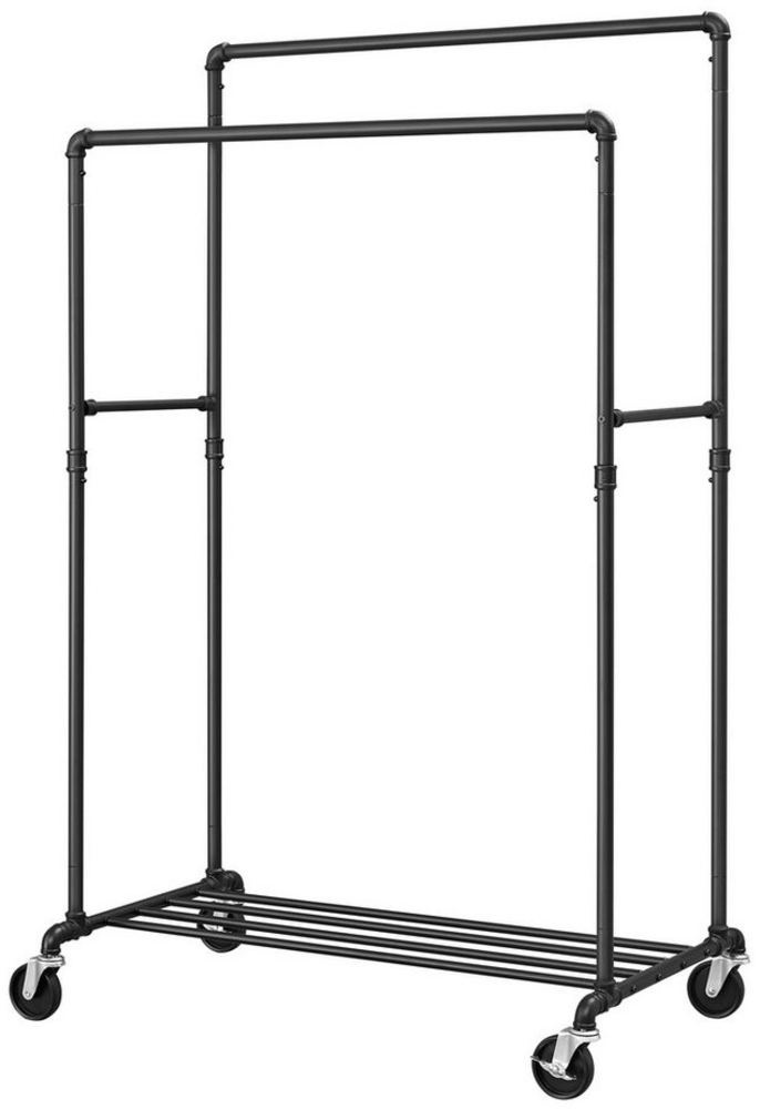 Songmics Kleiderständer auf Rollen, bis 110 kg belastbar, im Industriedesign, mobiler Garderobenständer mit 2 Kleiderstangen und 1 Ablage, Schwerlast, zur Warenpräsentation, schwarz Bild 1