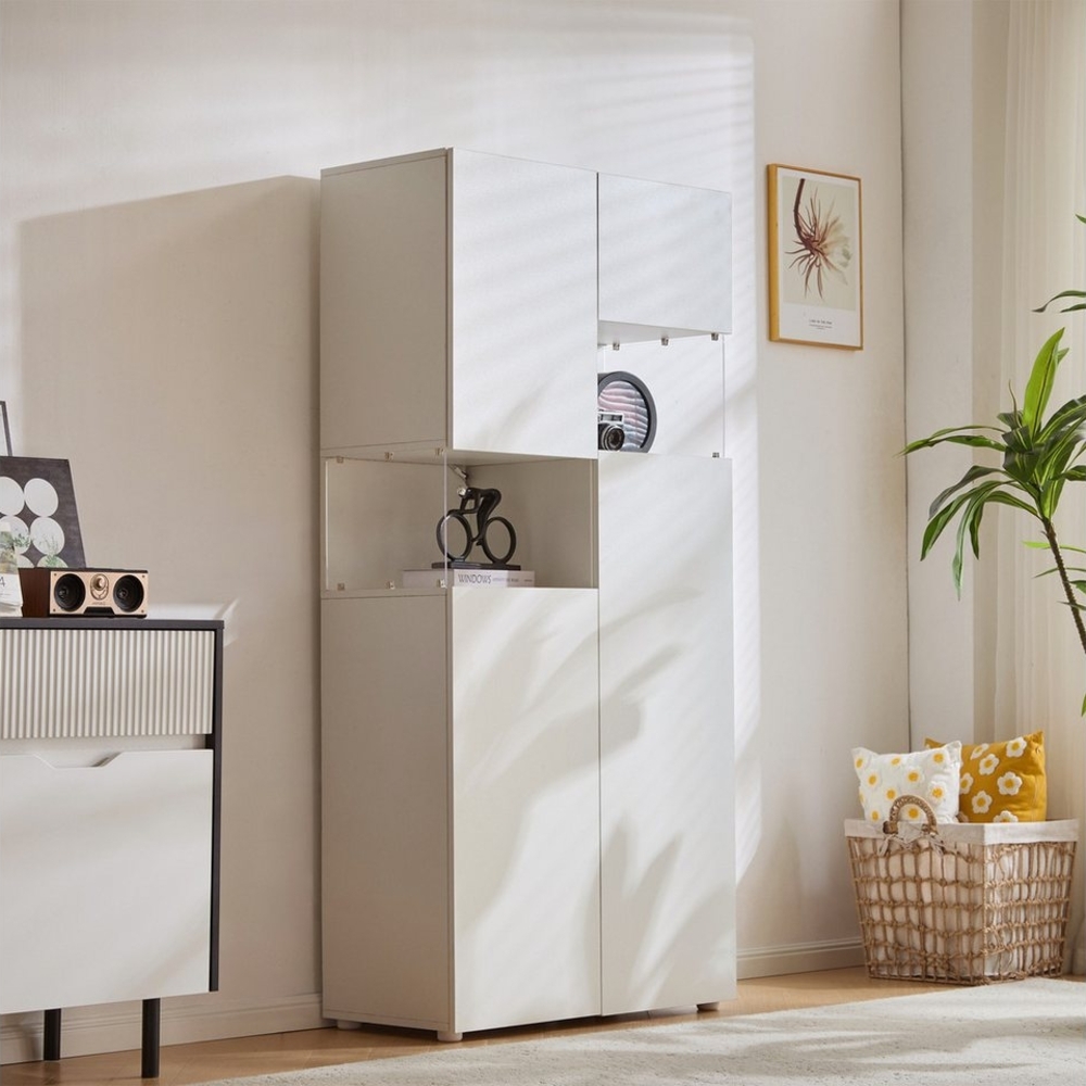Flieks Vitrine mit LED-Beleuchtung und vertellbare Einlegeböden (1-St, 80x38x170 cm) Hochschrank Standvitrinen Mehrzweckschrank Wohnzimmer weiß Bild 1