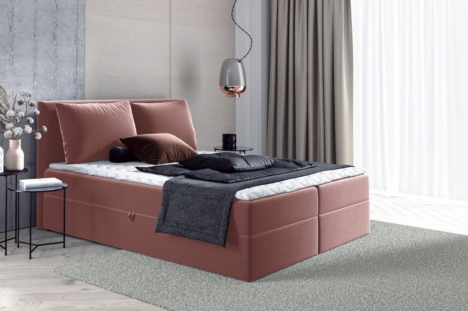 Boxspringbett Egro mit 2 Bettkästen und Zwei große Kissen - Doppelbett mit Bonell-Matratze und Topper, Polsterbett (Pink (Kronos 29), 160 x 200 cm) Bild 1