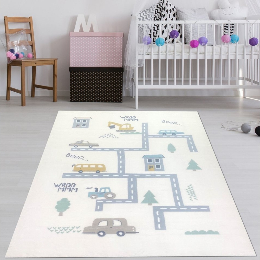 TeppichHome24 Kinderteppich Kinderzimmer-Teppich mit Abbild von Straßen, Autos und Bagger in creme, rechteckig, Höhe: 18 mm Bild 1