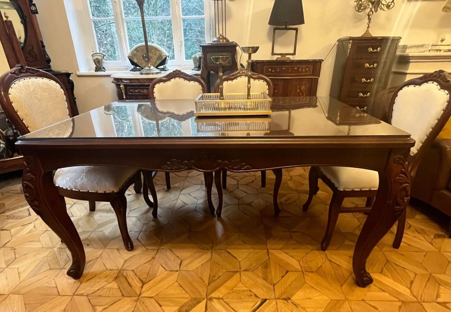 Casa Padrino Luxus Barock Esstisch mit Glasplatte Dunkelbraun - Handgefertigter Massivholz Esszimmertisch - Luxus Esszimmer Möbel im Barockstil - Barock Möbel - Barock Einrichtung Bild 1