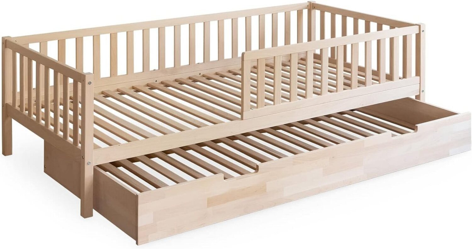 Ehrenkind Kinderbett in Buche, FSC® zertifiziert, inkl. Rausfallschutz (langlebig & flexibel, Kinder Bett in Buche, Kinderbetten), Kinderbett 90x200 cm mit Bettkasten Bild 1