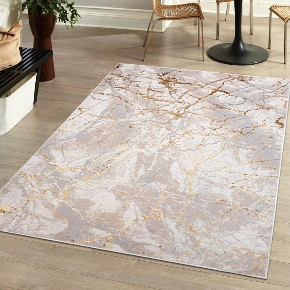 Mazovia Designteppich Modern Teppich für Wohnzimmer - Beige Creme mit Gold, 80 x 150 cm, Glänzende Abstrakt Marmor, Höhe 10 mm, Kurzflor - niedrige Florhöhe, Weich, Pflegeleicht Bild 1