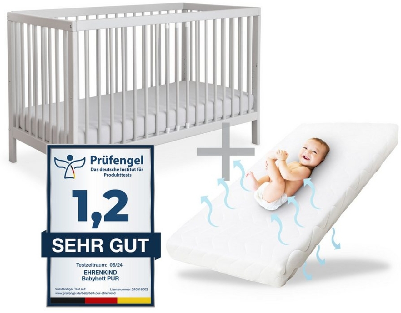 Ehrenkind Babybett PUR inkl. Matratze aus massivem Buchenholz, Gitterbett, Baby Bett, Babybett 60x120 cm Bild 1