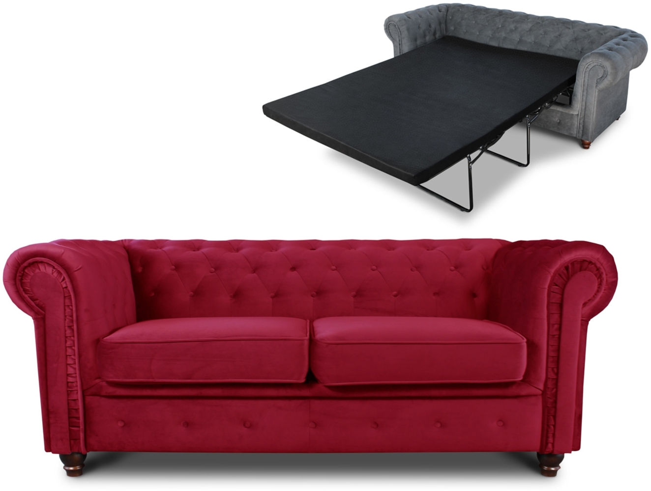 Schlafsofa Chesterfield Asti Bis 2-Sitzer, Sofa mit Schlaffunktion, Couch 2-er, Couchgarnitur, Sofagarnitur, Holzfüße - Glamour Design, Velours (Rot (Velvet 59)) Bild 1