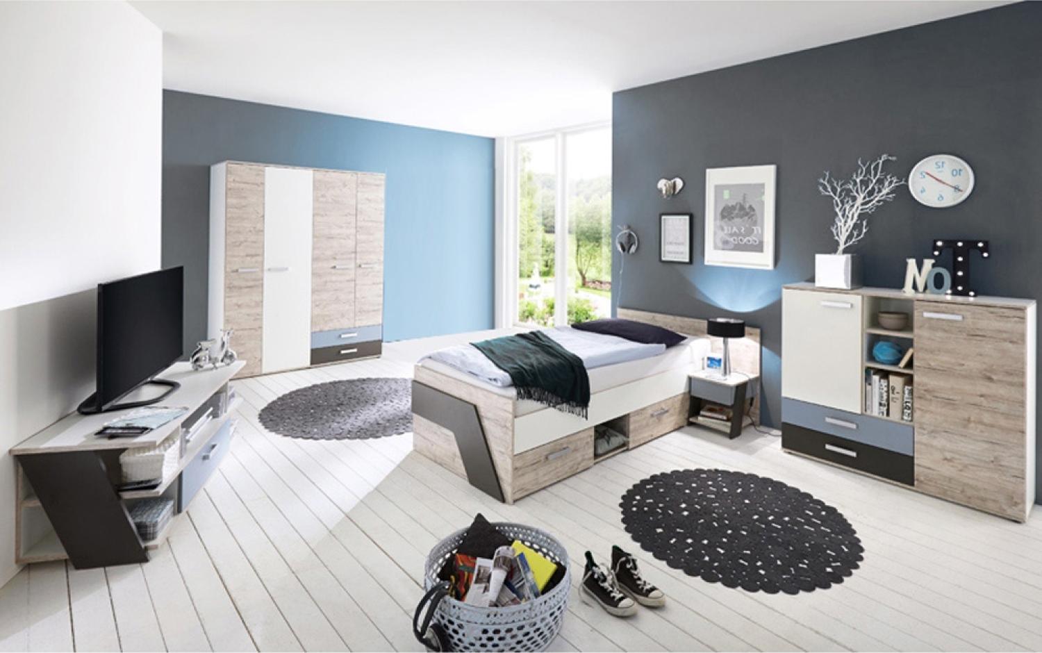 Jugendzimmer Set Jungen 5-teilig LEEDS-10 in Sandeiche Nb. mit weiß, Lava und Denim Blau Bild 1