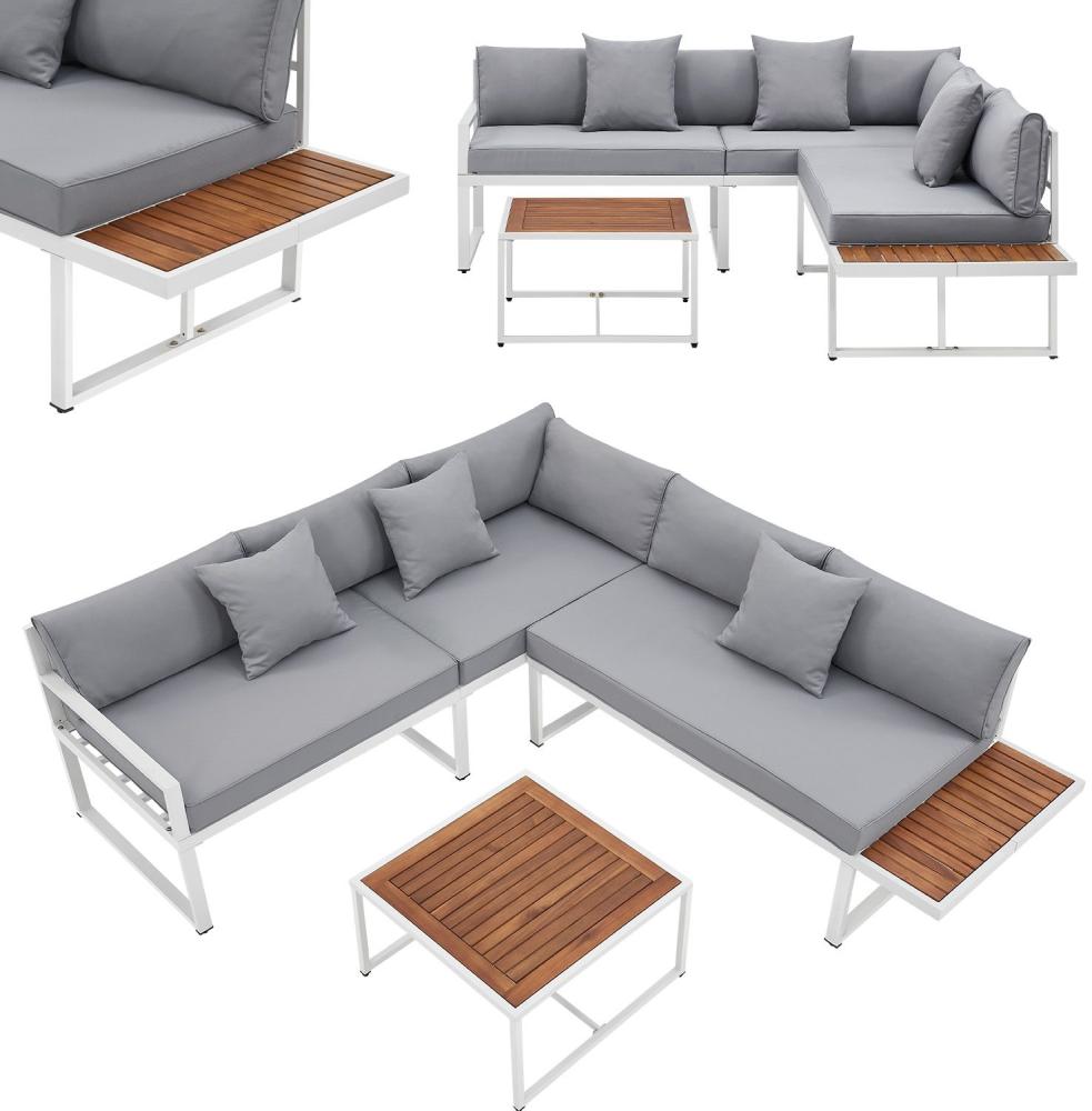 Juskys Gartenmöbel Lounge St. Tropez - 4 Personen Sitzecke - Set mit Tisch, Ecksofa & Kissen - Möbel für Balkon & Garten - Holz Balkonmöbel Weiß Bild 1