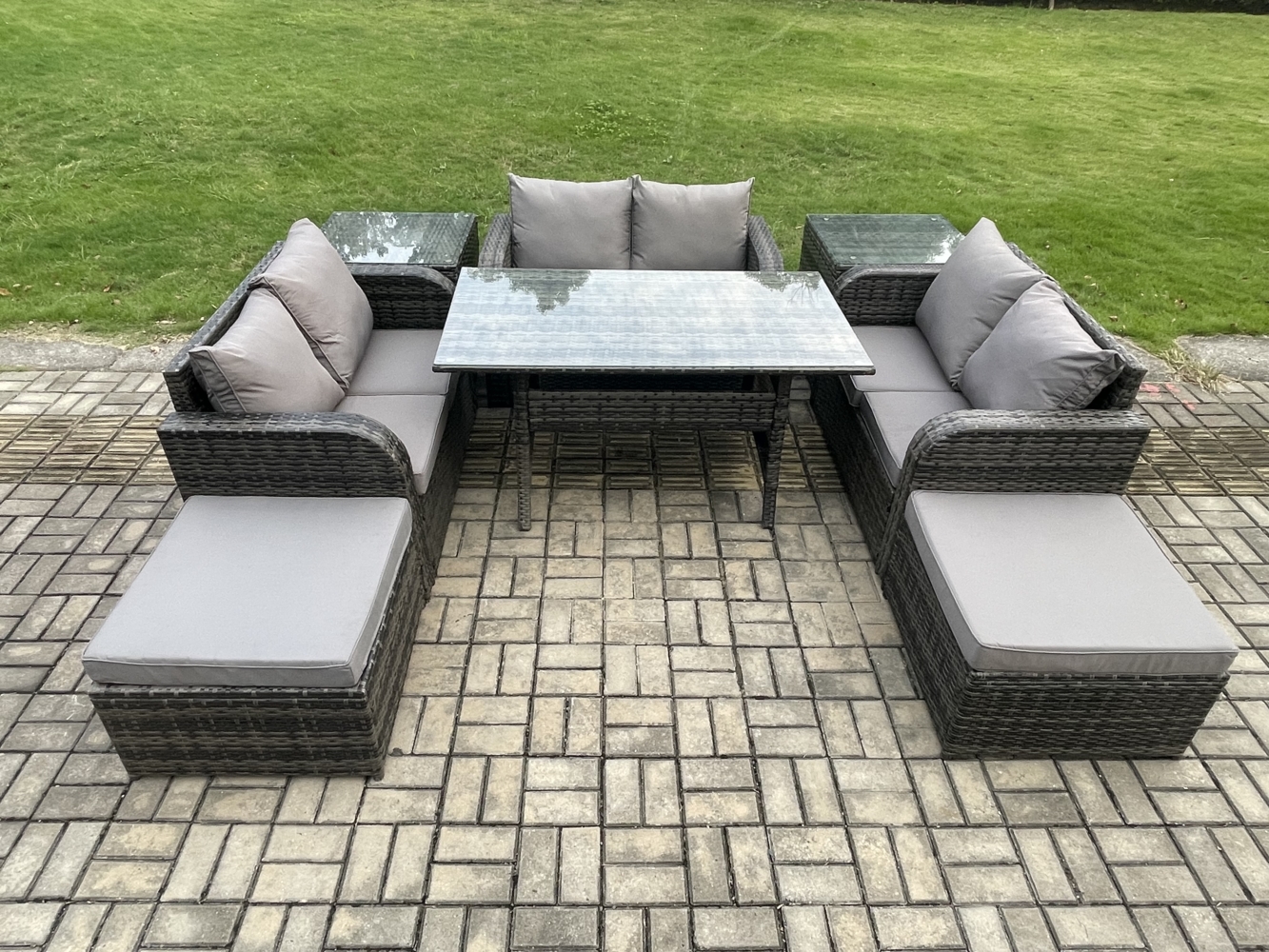 Fimous Outdoor Gartenmöbel-Set Lounge Sofa Set mit Langer rechteckiger Esstisch 2 Großer Hockern 2 Beistelltischen Bild 1