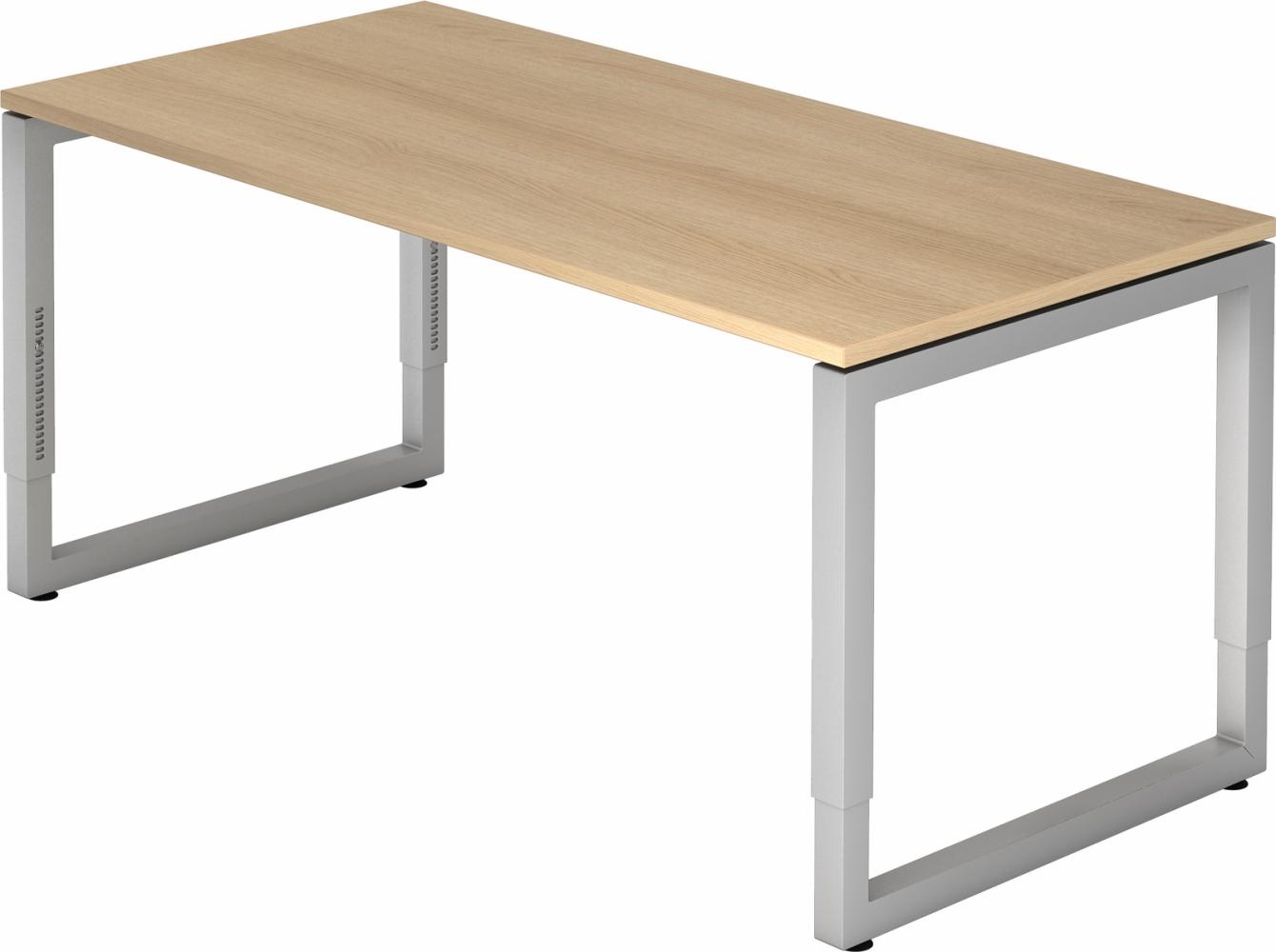 bümö höhenverstellbarer Schreibtisch R-Serie 160x80 cm in Eiche, Gestell in Silber - PC Tisch für's Büro manuell höhenverstellbar, Computertisch verstellbar, RS-16-E-S Bild 1