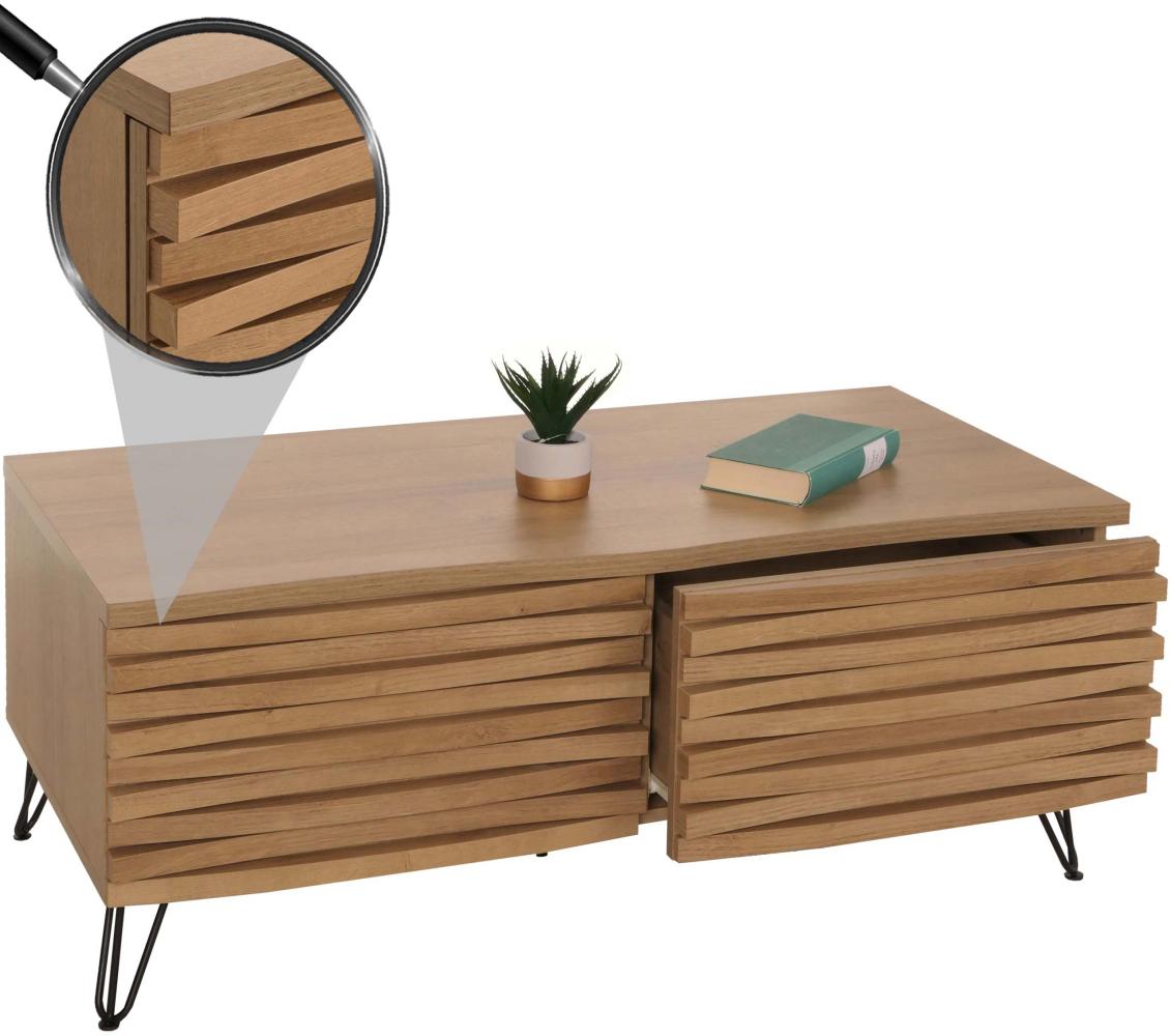 Couchtisch HWC-M49, Wohnzimmertisch Tisch, 3D-Design 2 Schubladen Massiv-Holz Mango Metall 46x110x55cm ~ natur Bild 1