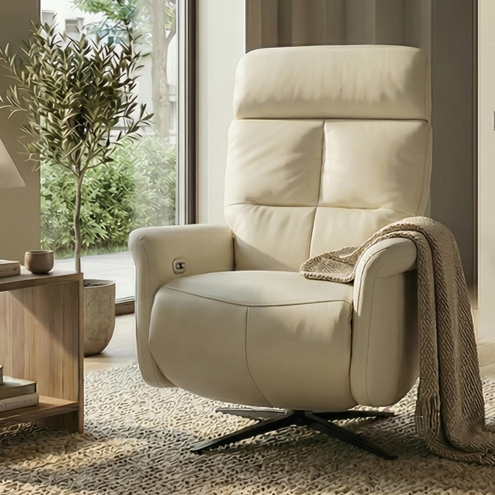 Relaxsessel HWC-L10, TV-Sessel Liegesessel, Liegefunktion drehbar, elektrisch verstellbar Voll-Leder ~ creme-weiß Bild 1