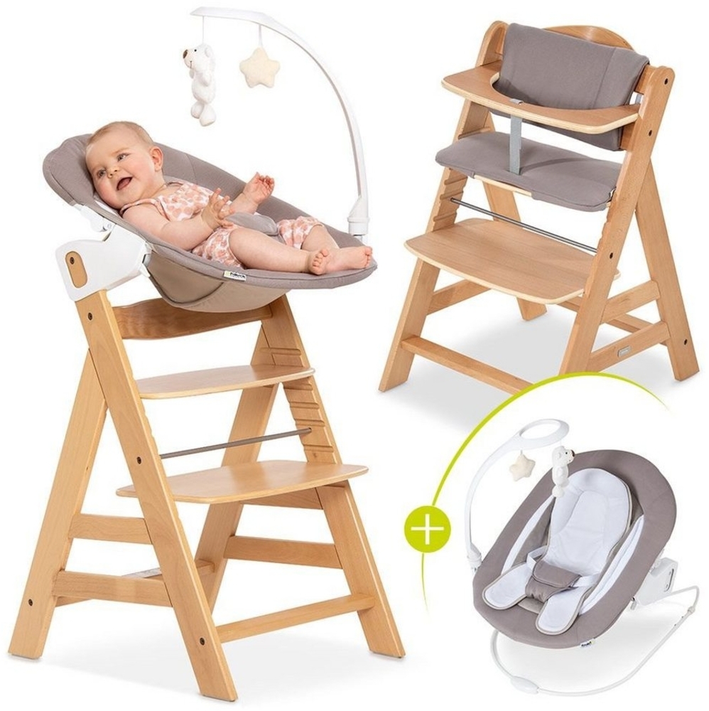 Hauck Hochstuhl Alpha Plus Natur - Newborn Set Deluxe (Set, 4 St), Holz Babystuhl ab Geburt inkl. Aufsatz für Neugeborene & Sitzauflage Bild 1