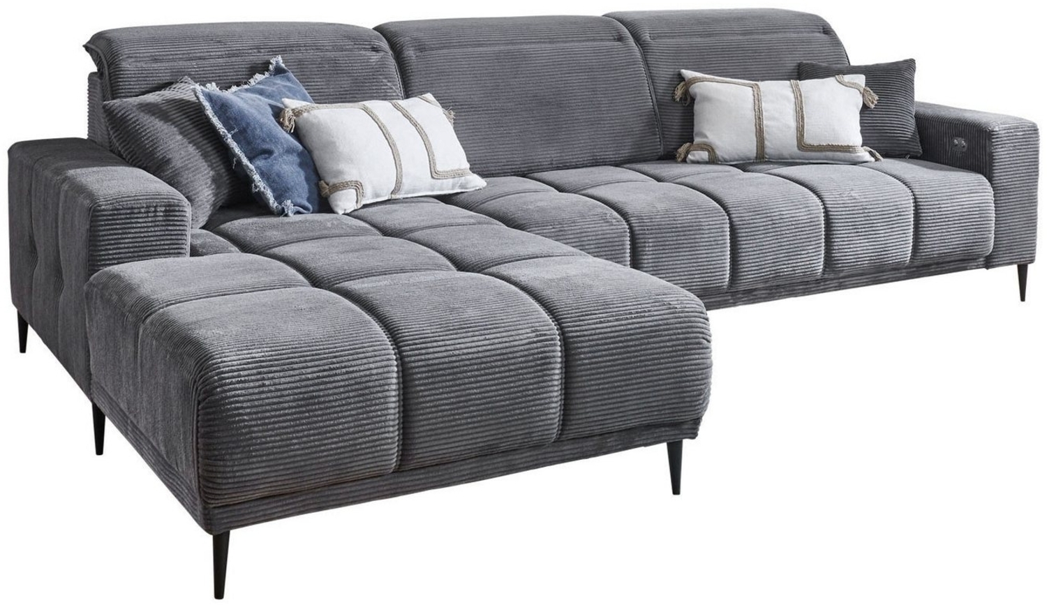 Iwaniccy Ecksofa LIVORNO, B 286 x T 195 cm, Dunkelgrau, Cord, elektrische Sitztiefenverstellung, Kopfteilverstellungen Bild 1