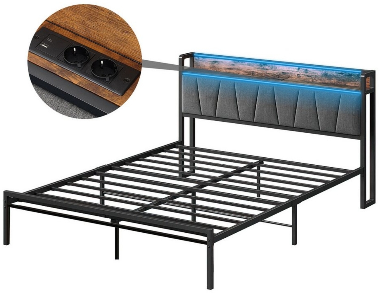 DOPWii Bettgestell Metallbett Doppelbett 140x200cm/ Einzelbett 90x200cm,Industriedesign (Bett, ohne Matratze, ohne Schubladen), mit Polsterkopfteil,LED,Steckdose,USB-& Typ-Anschlüssen,Jugendbett Bild 1