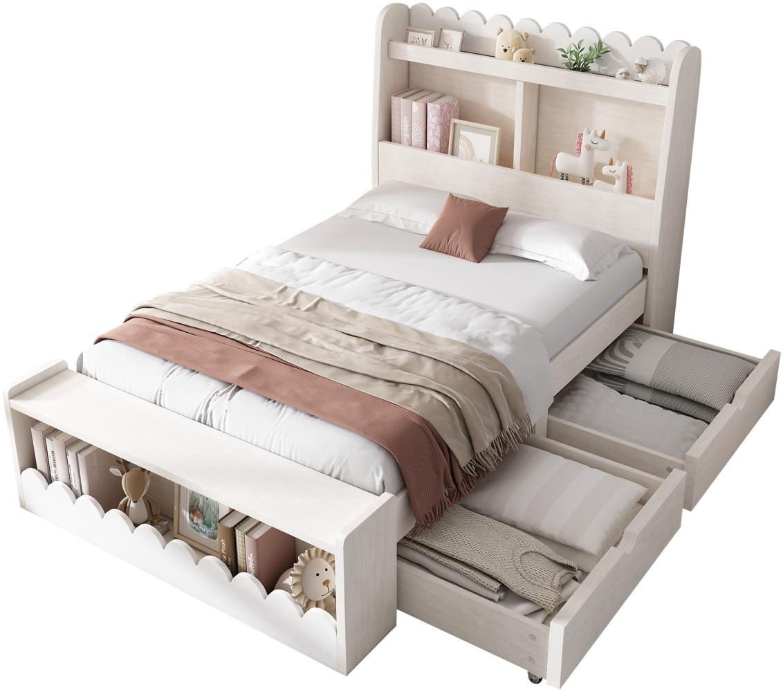 Merax Kinderbett Einzelbett Stauraumbett mit Schubladen, Regal und Sitzbank mit Stauraum, Holzbett 90x190 cm, Bettgestell und Lattenrost aus Holz, Weiß (Ohne Matratze) Bild 1