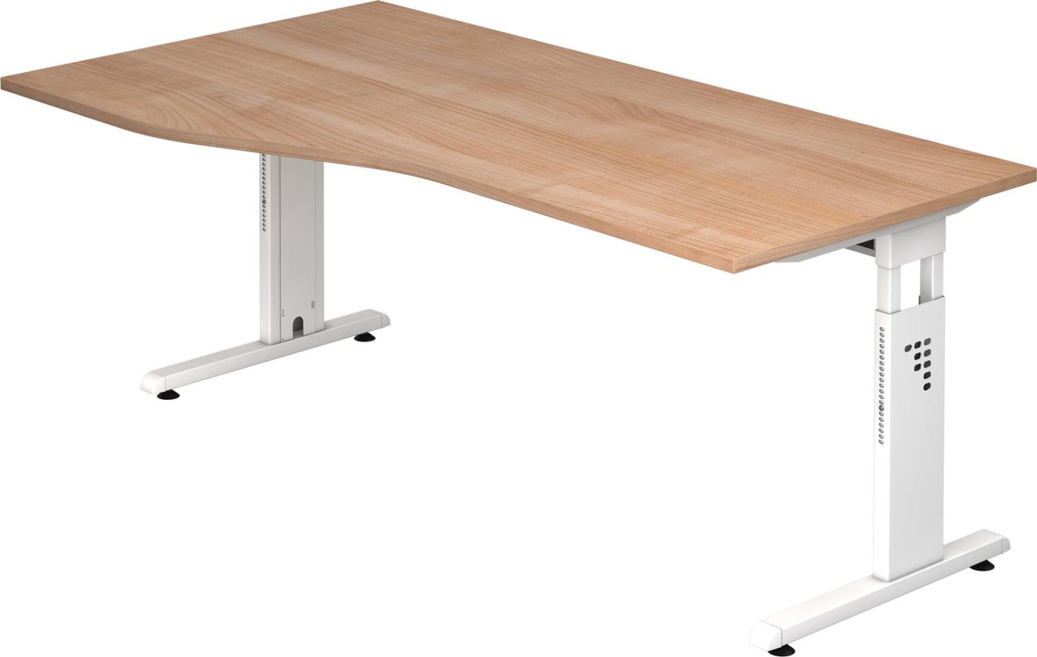 bümö höhenverstellbarer Schreibtisch O-Serie 180x100 cm in Nussbaum, Gestell in weiß - großer PC Tisch für's Büro manuell höhenverstellbar, Computertisch verstellbar, OS-18-N-W Bild 1