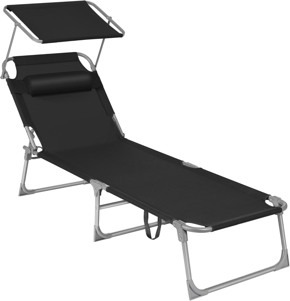 Sonnenliege, klappbarer Liegestuhl, 193 x 53 x 29 cm, max. Belastbarkeit 150 kg, mit Sonnenschutz, Kopfstütze und Verstellbarer Rückenlehne, für Garten, Pool, Terrasse, Schwarz, 1 Liege Bild 1