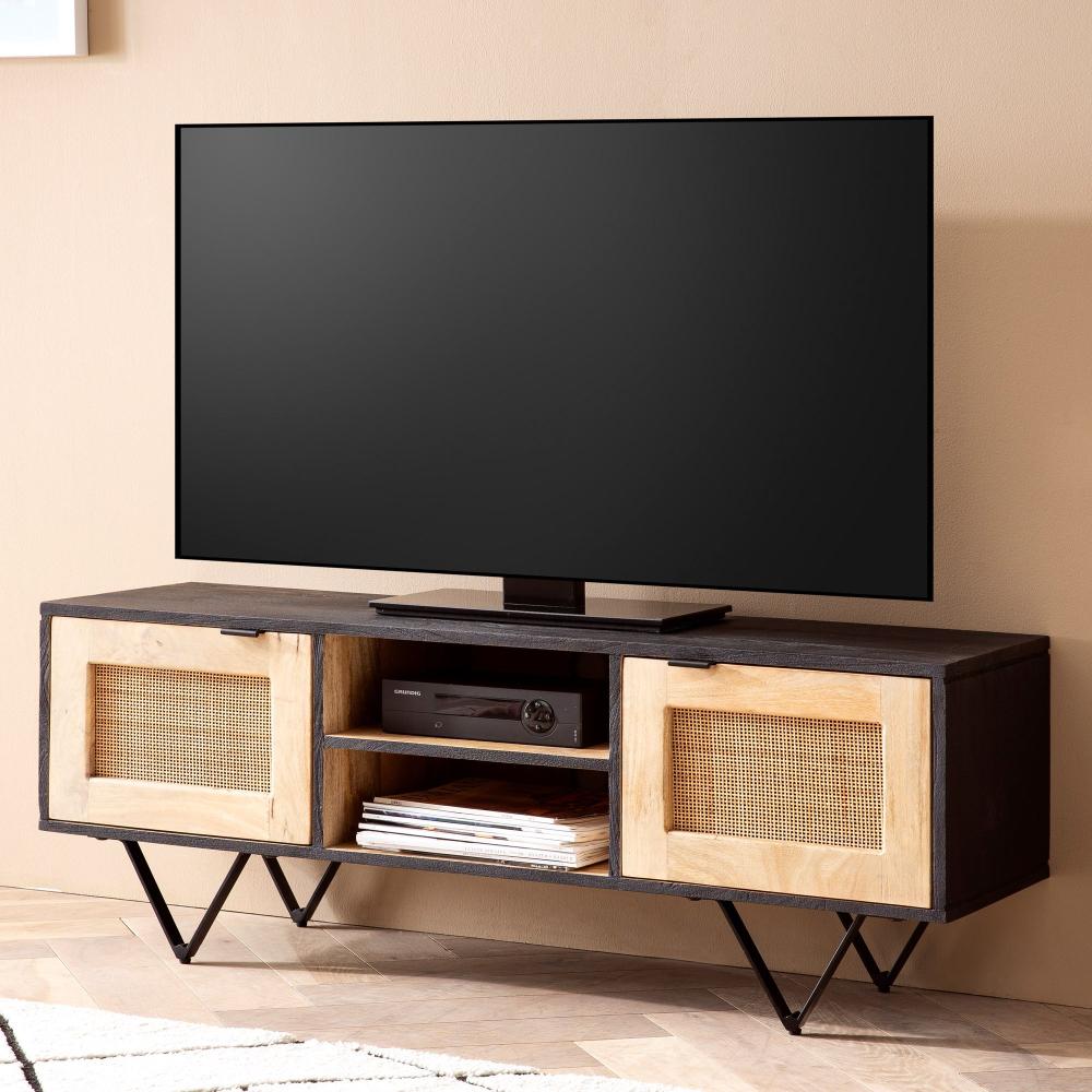 FineBuy Lowboard Mango Massivholz / Rattan 120x44x35 cm TV-Kommode mit zwei Türen, Design TV-Schrank mit Kabeldurchlass, Fernsehtisch Fernsehschrank Modern, Fernsehkommode Wohnzimmer Schwarz Bild 1