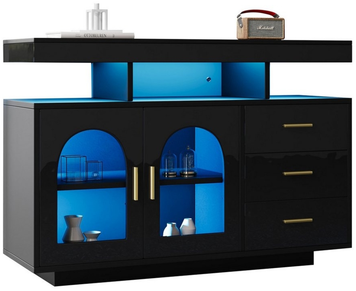 Merax Sideboard mit Hochglanzfront, Kommode mit 3 Schubladen und 2 Türen,inkl. LED,Buffet,Anrichte Bild 1