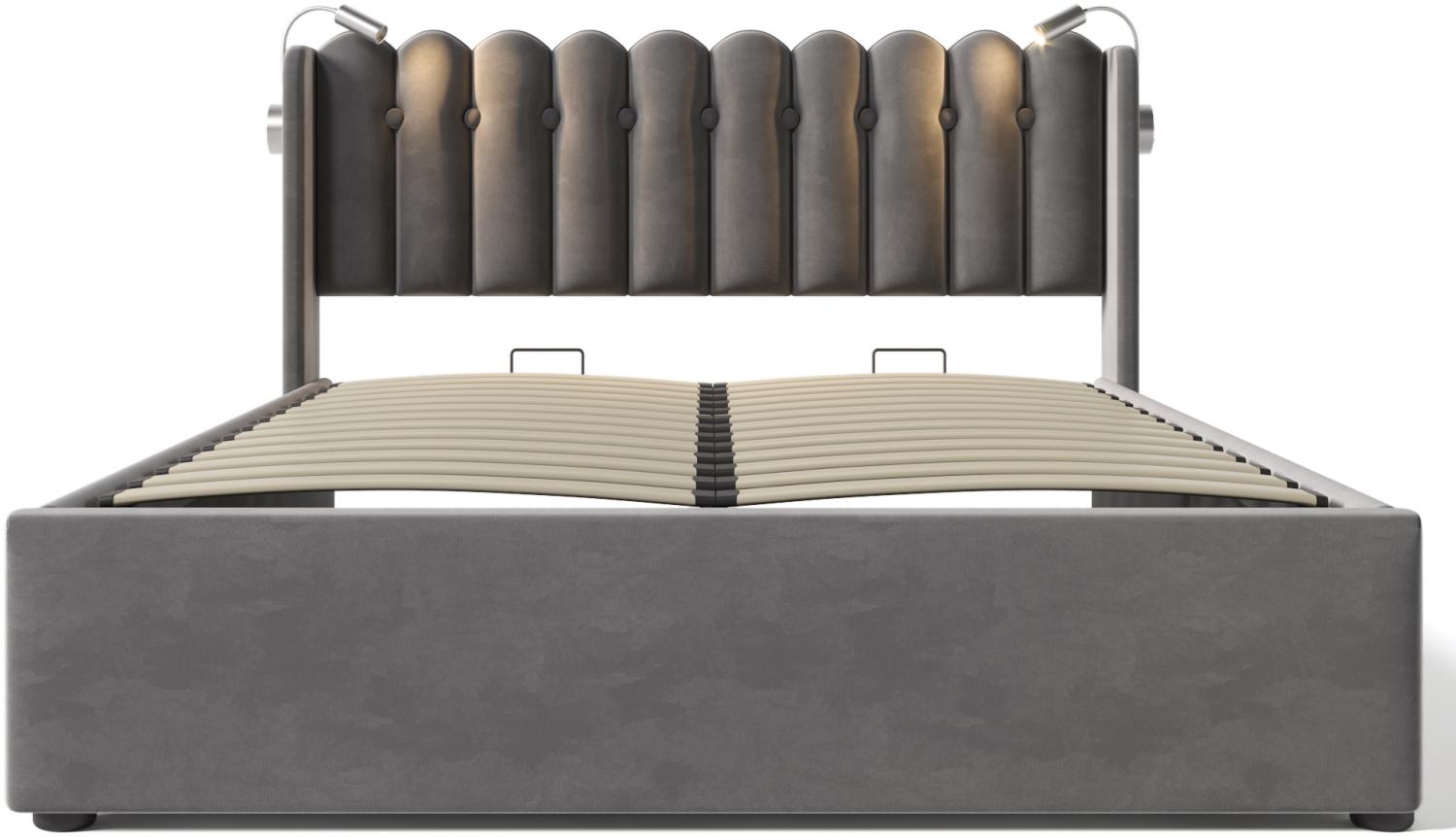 Merax Polsterbett, Hydraulisches Stauraumbett mit Leselicht und Ladefunktion 160x200cm, Samt, grau Bild 1