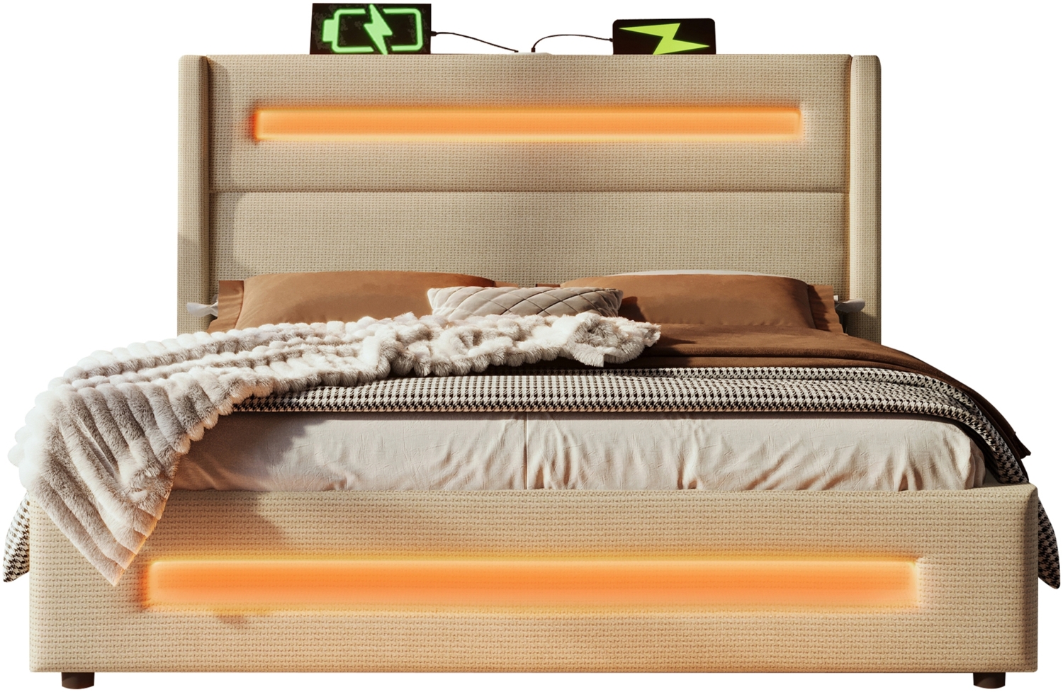 Polsterbett 180x200 cm, Leinenbezug, hydraulischer Bettkasten, LED-Beleuchtung und USB‑Type‑C，Beige Bild 1