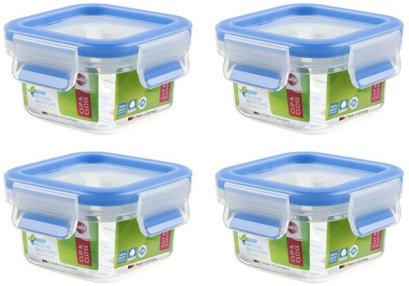 EMSA 508535 Clip & Close Aufbewahrungs-Dose, quadratisch, 200 ml, transparent/blau (4er Pack) Bild 1