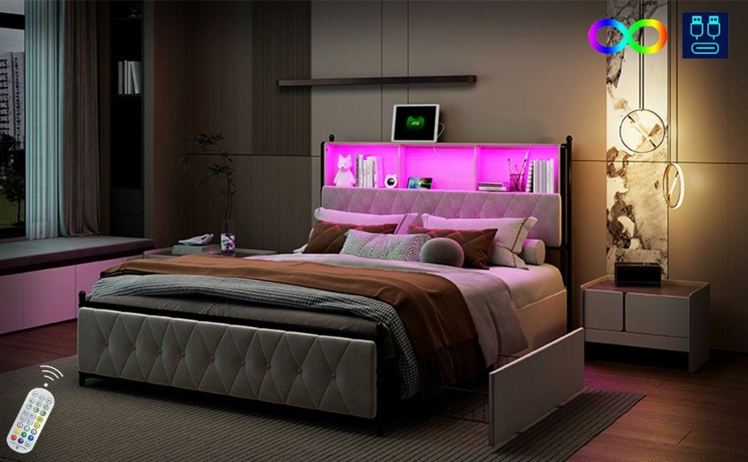 FUROKOY Polsterbett Doppelbett LED-Beleuchtung Schubladenbett mit 4 Schubladen (Polsterbett 160x200 cm mit Lattenrost, Kopfteil,Samtbett), (1 USB-Anschlüssen + 1 Typ-c),ohne Matratze Bild 1