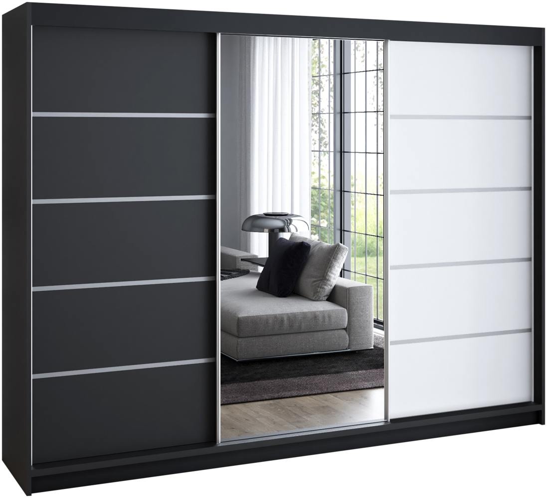 Schwebetürenschrank, 3-türig Schrank 200 cm mit 4 Schubladen, und Spiegel Kleiderschrank VILANO 1. Farbe: Schwarz, weiß Bild 1