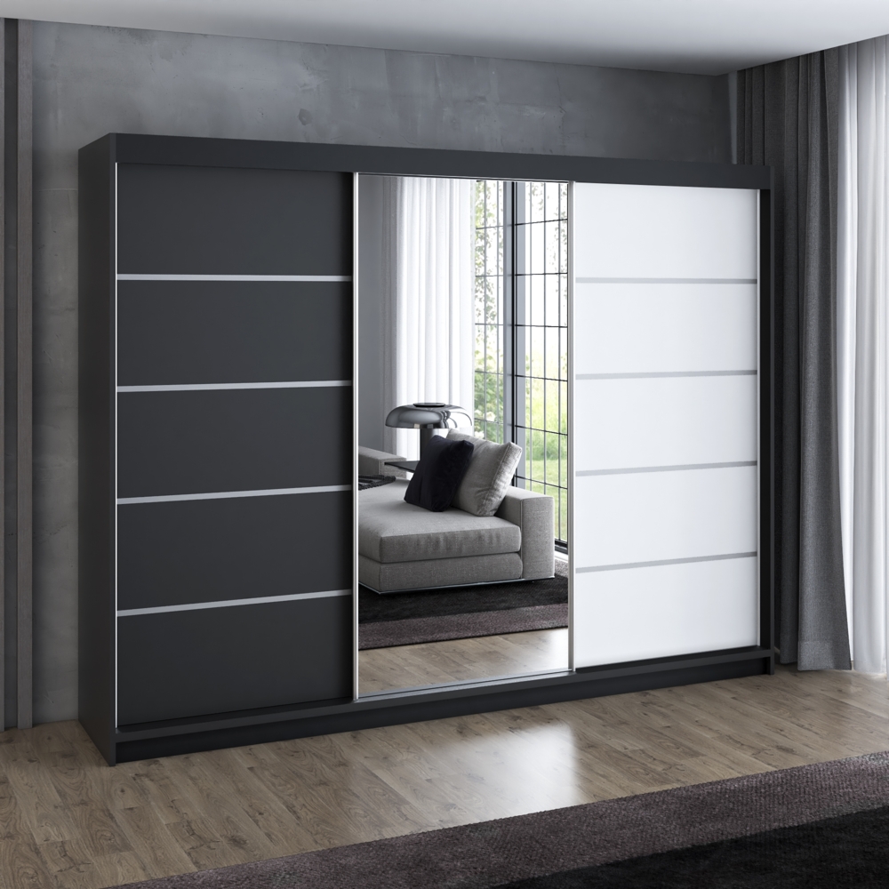 Schwebetürenschrank, 3-türig Schrank 200 cm mit 4 Schubladen, und Spiegel Kleiderschrank VILANO 1. Farbe: Schwarz, weiß Bild 1