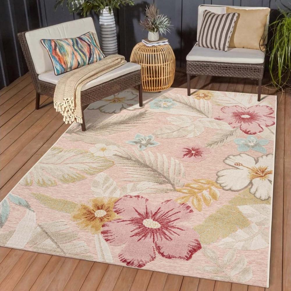 TaraCarpet Teppich TaraCarpet In und Outdoor Teppich Fantasy Blossom, rechteckig, Höhe: 5 mm, Blüten rose Wohnzimmer Balkon Terrasse Esszimmer 120X160 Bild 1