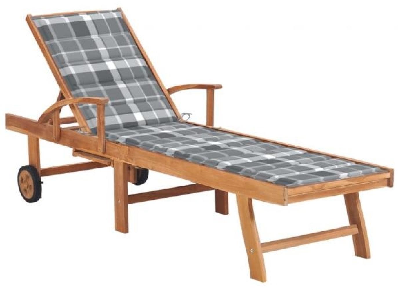 vidaXL Sonnenliege mit Auflage Graues Karomuster Massivholz Teak 3063020 Bild 1