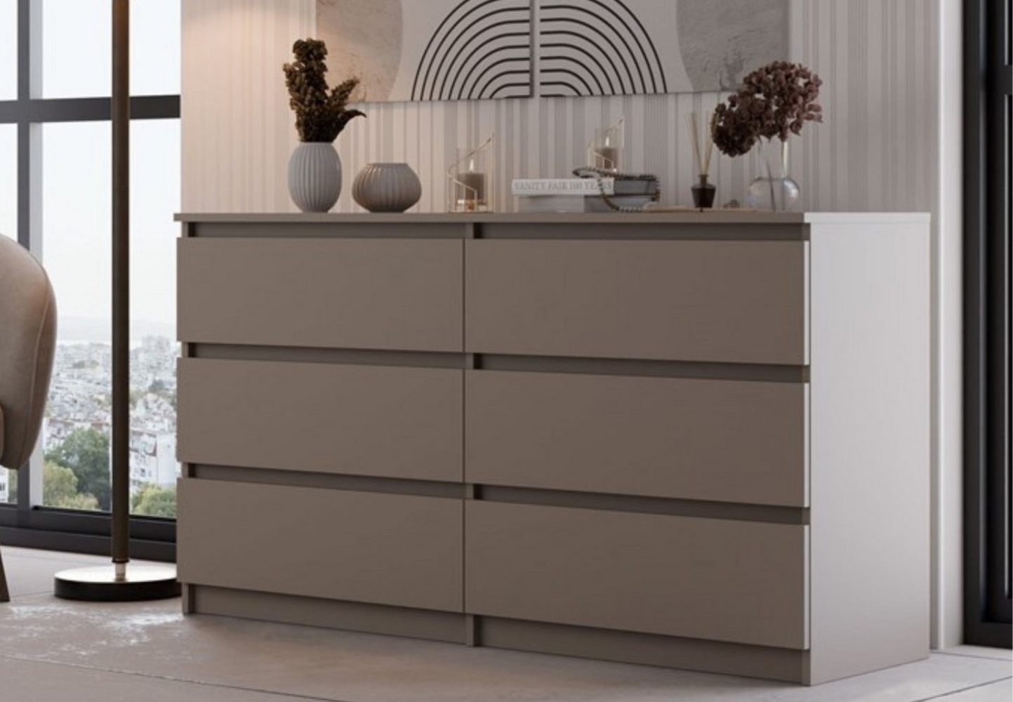 Home Collective Kommode Highboard Sideboard für Flur Schlafzimmer Wohnzimmer (Perfekt für Wohnzimmer, Schlafzimmer oder Esszimmer), mit 6 Schubladen, Breite 140 cm Höhe 75, Dunkelbeige Bild 1