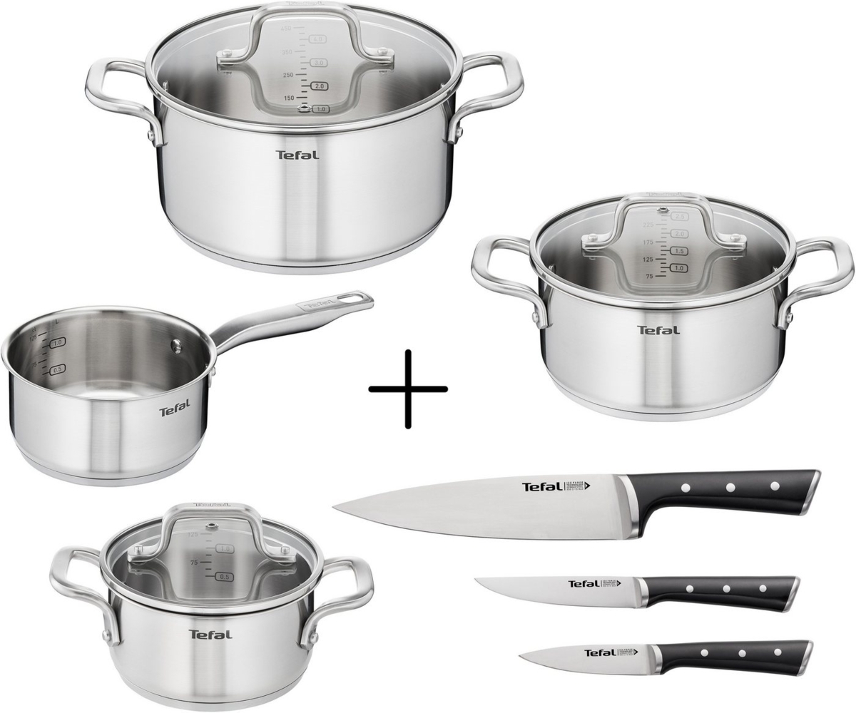 Tefal Topf-Set Virtuoso 7er + Ice Force, Edelstahl (Set, 10-tlg, 1 Kasserolle 16 cm, je 1 Kochtopf mit Deckel 16/20/24 cm, 3 Kochmesser), Set: Edelstahl-Topfset (alle Herdarten), Induktion Bild 1