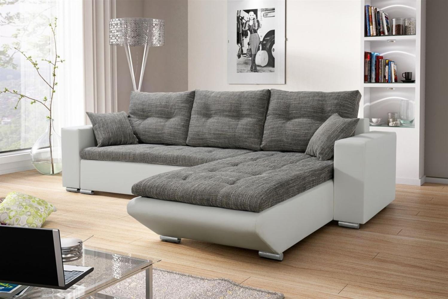 Ecksofa Sofa NINO mit Schlaffunktion Weiss-Grau Ottomane Rechts Bild 1