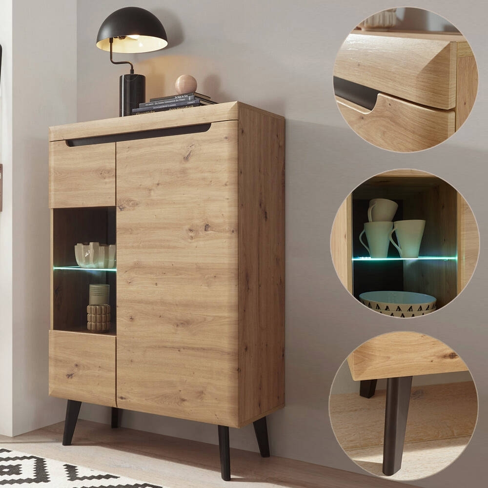 Highboard im skandinavischem Design, LED, TIROL-61 in Eiche Artisan Nachbildung, Absetzung Schwarz B/H/T 90/134/40 Bild 1