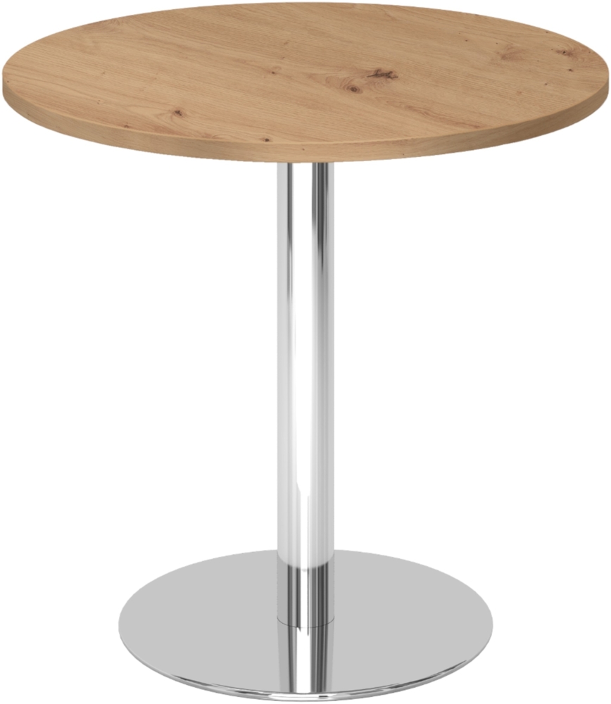 bümö Besprechungstisch, Esstisch klein, Tisch rund 80 cm - kleiner Esstisch Asteiche, Rundtisch Esstisch 2 Personen mit Holz-Platte, Säule aus Metall verchromt, Konferenztisch, Bistrotisch, STF08-R-C Bild 1