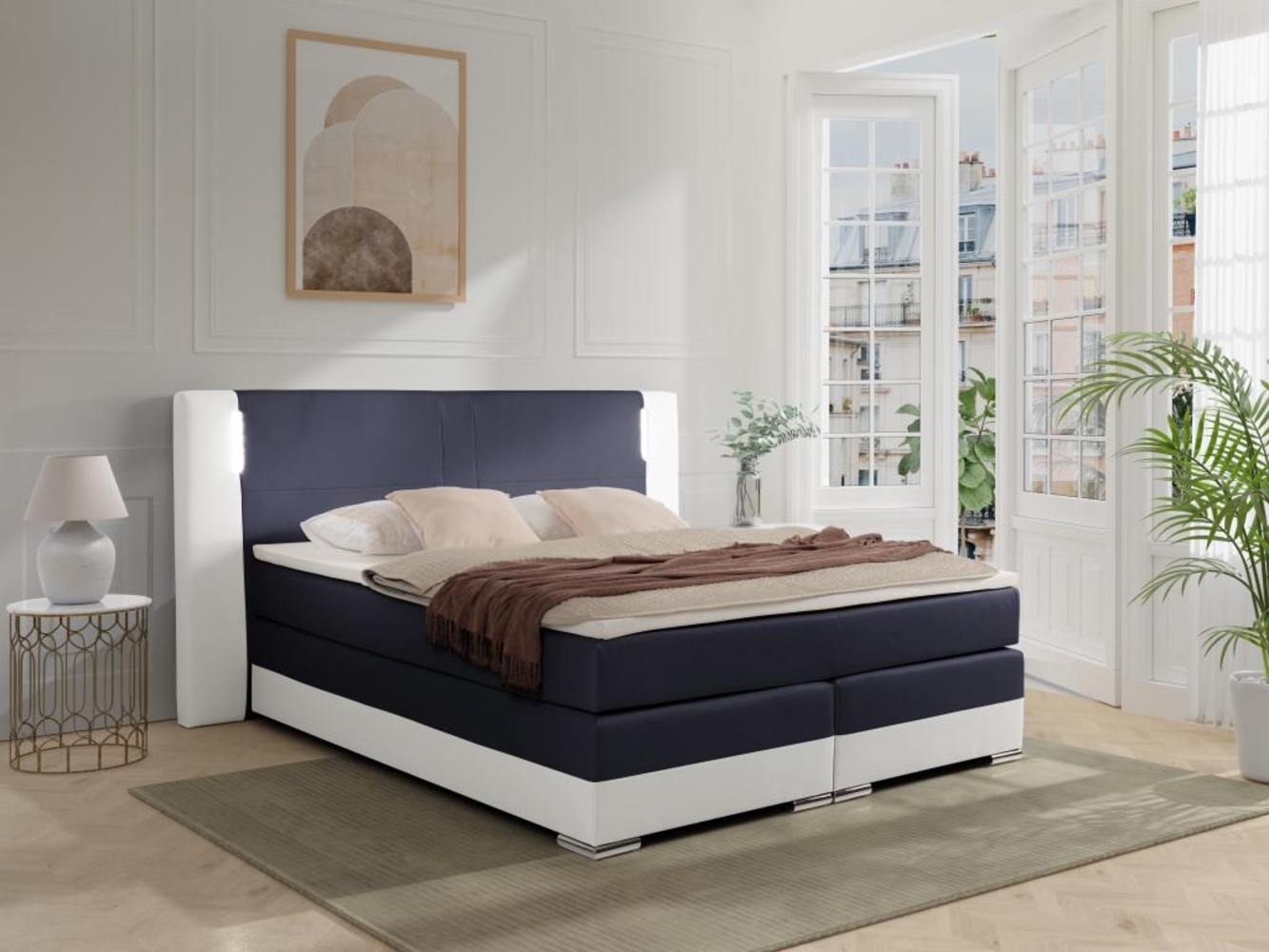 Vente-unique - LED-Boxspringbett mit Kopfteil + Lattenroste + Matratzen + Topper - 160 x 200 cm - Kunstleder - Weiß & Grau - ASTI II von YSMÉE Bild 1