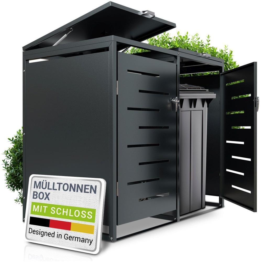 Juskys Mülltonnenbox Arel 2er - Metall Gartenbox für 120l bzw. 240l Mülltonnen - Aufbewahrungsbox abschließbar - Unterstand mit Dach & Gasdruckfeder - Anthrazit Bild 1