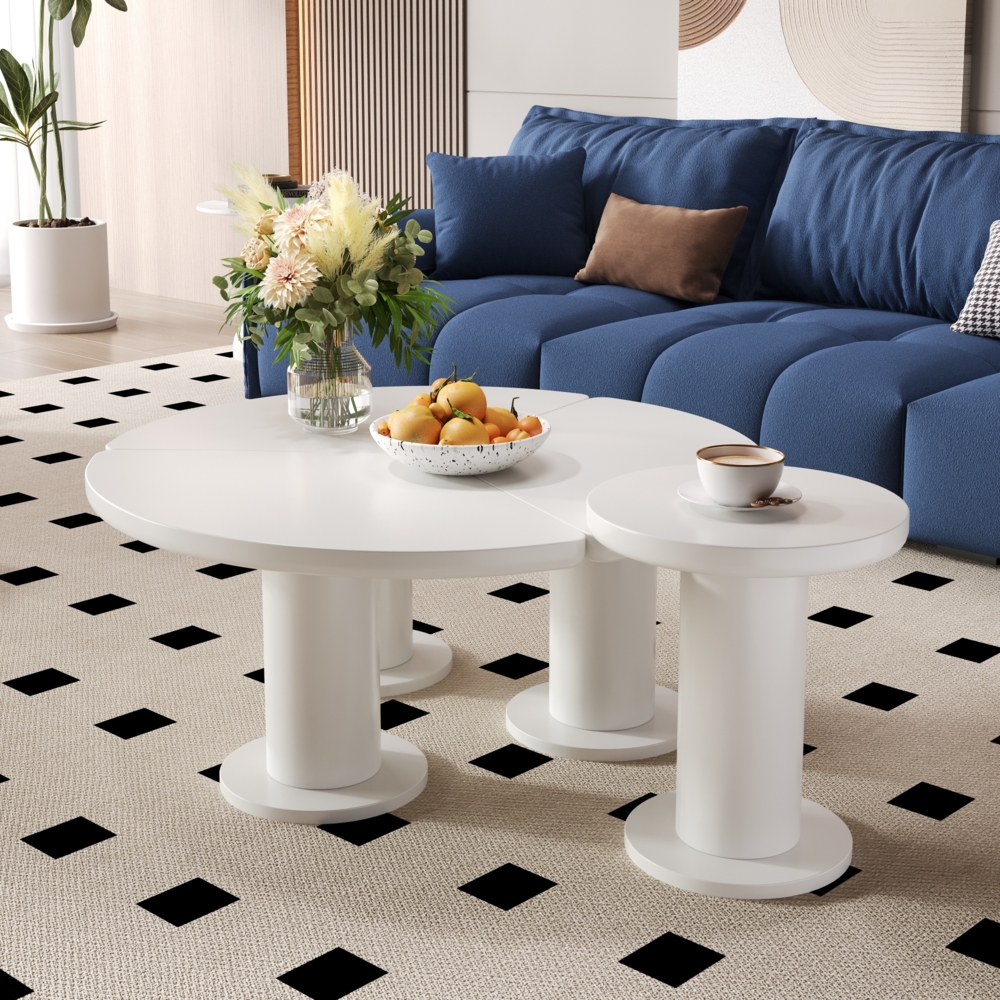 Merax Runde Couchtisch-Kombination, lackierte MDF-Tischplatte und PVC-Beine, weiße Couchtisch-Kombination im Creme-Stil, 39,8 x 39,8 x 42,2 + 100 x 100 x 40 cm Bild 1