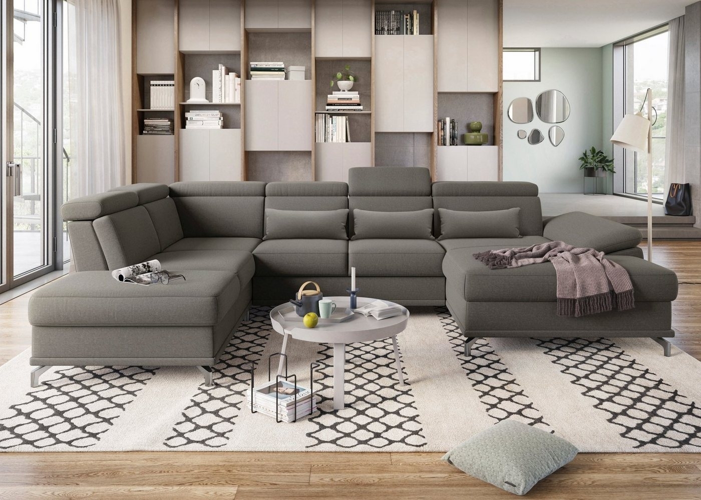 sit&more Wohnlandschaft Cabrio U-Form, mit Sitztiefenverstellung, Arm- und Kopfteilverstellung, 3 Nierenkissen, Federkern, optional Bettfunktion und Stauraum Bild 1