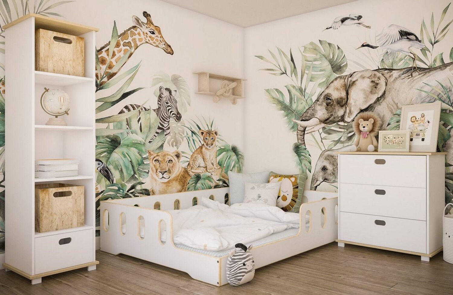 Kids Collective Kinderbett 90x200 140x200 cm Bodenbett mit Rausfallschutz und Lattenrost, weiß-natur bodentief Bett Jugendbett Einzelbett 200x140 Bild 1