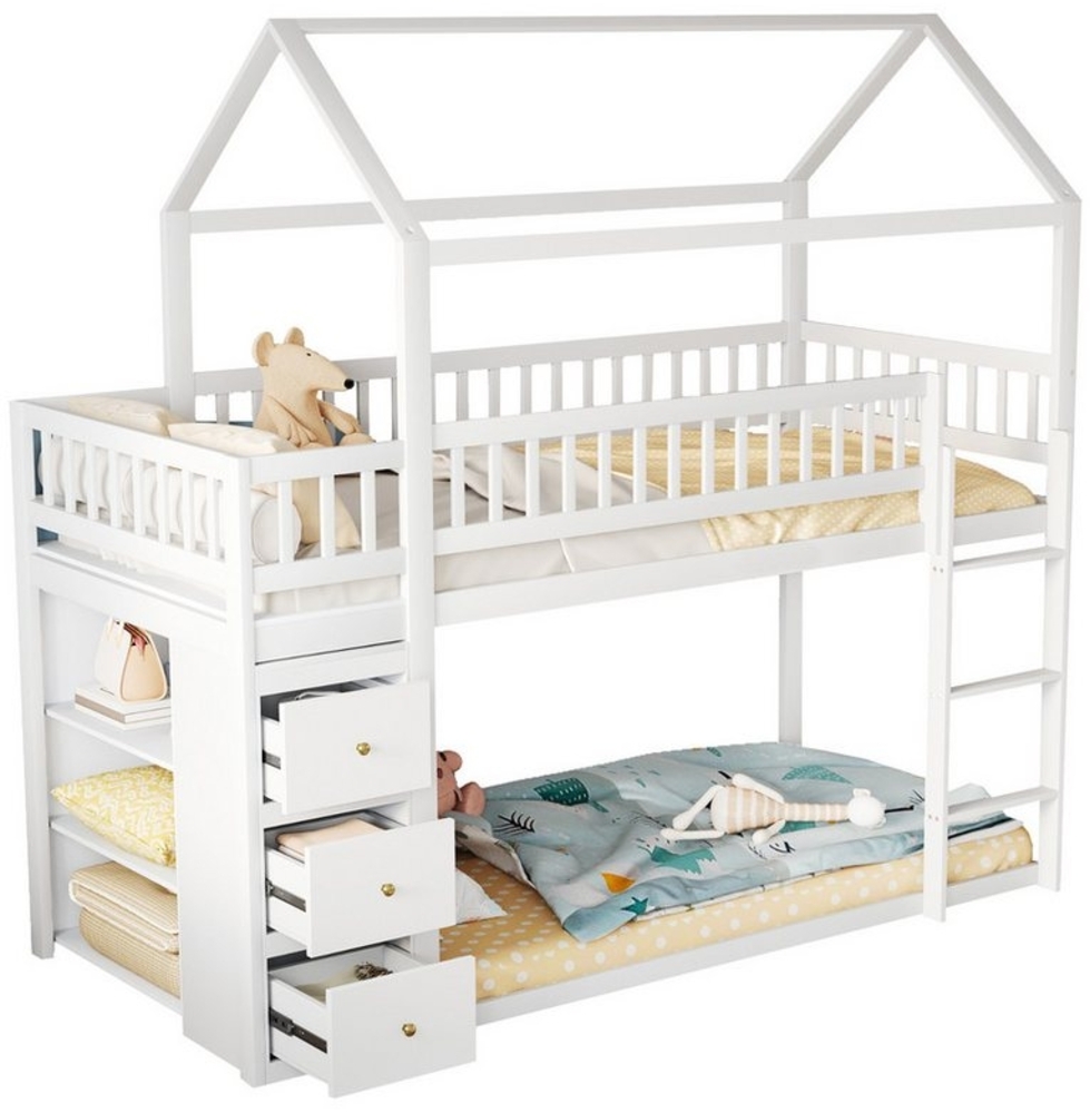 Flieks Etagenbett, Kinderbett 90x200cm mit oberem Lattenrost, 3 Schubladen, Stauraumregal Bild 1