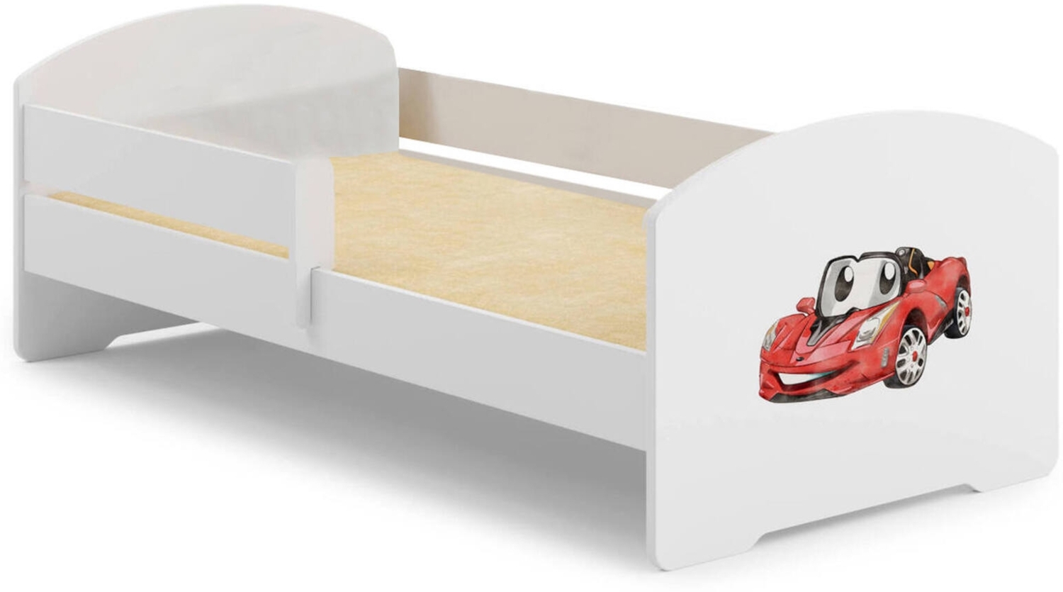 Dmora Kinderbett Debby, Kinderbett für Schlafzimmer, Einzelbett mit Kommoden, Struktur mit ausziehbarem Bett, 77x144 h56 cm, Weiß mit Auto Bild 1